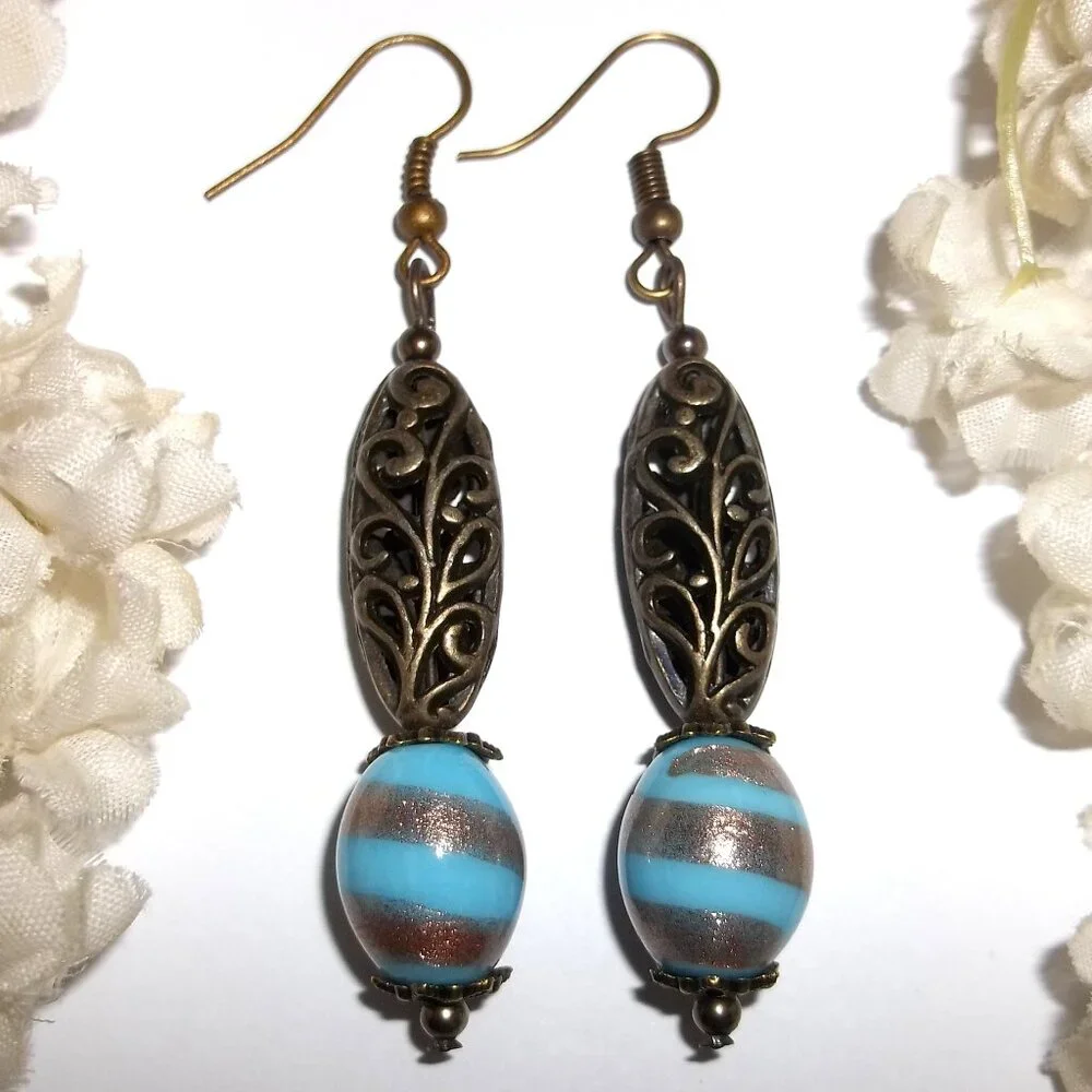 Long Boho Earrings Turquoise Blue and Bronze Dangle Drop Jewelry Gift Set D393
